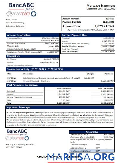 Printable Botswana Bank ABC bank mortgage statement scr example